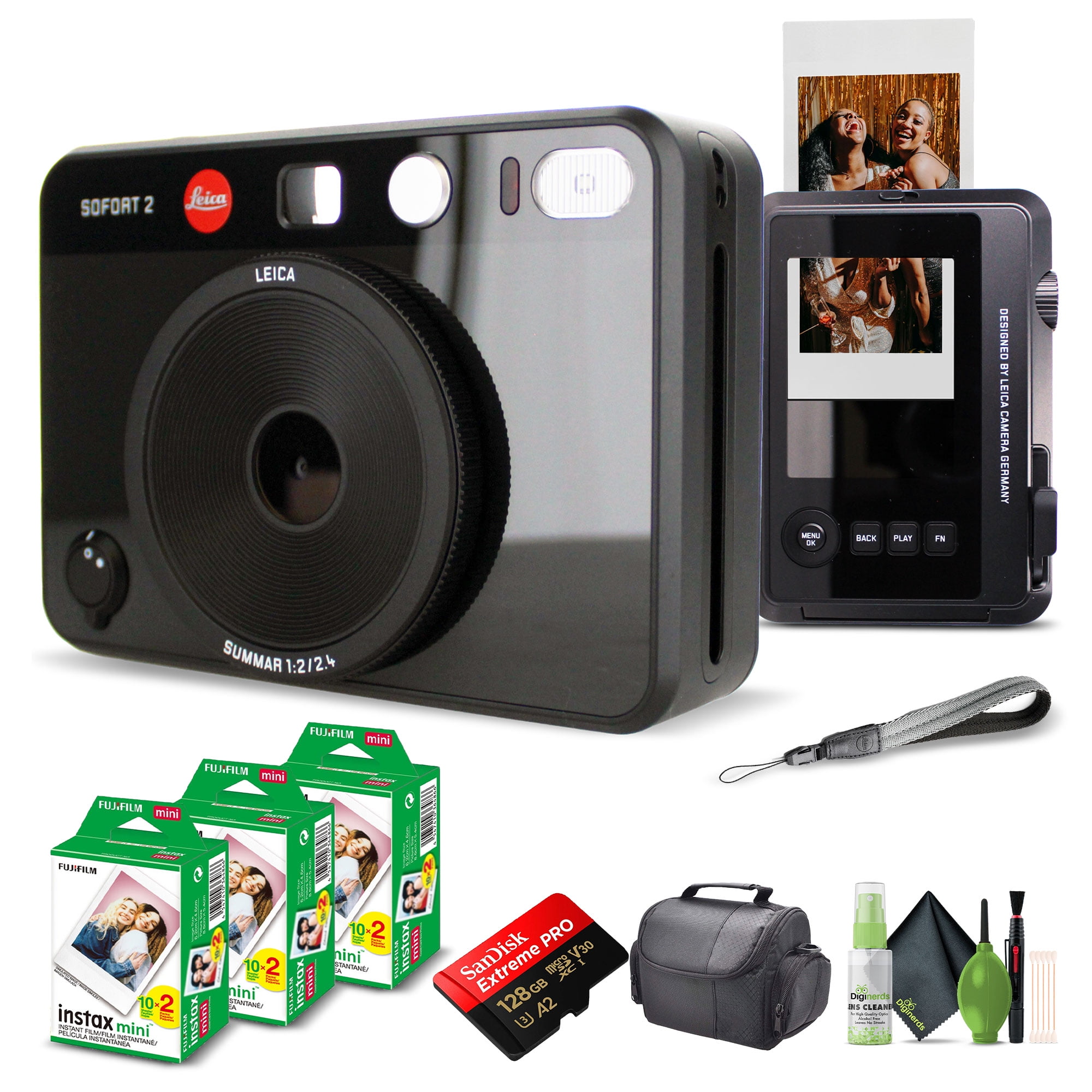 Leica Sofort 2 Hybrid Instant Photo Film and Digital Camera (Black) (19190) with LCD Display Bundle with Fujifilm Instant Film 60 Sheets + 128 GB Memory Card + Bag + Cleaning Kit