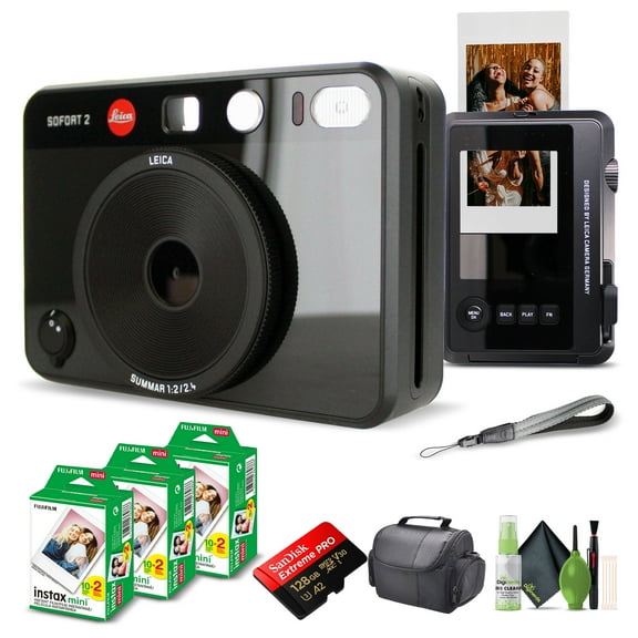 Leica Sofort 2 Hybrid Instant Photo Film and Digital Camera (Black) (19190) with LCD Display Bundle with Fujifilm Instant Film 60 Sheets + 128 GB Memory Card + Bag + Cleaning Kit