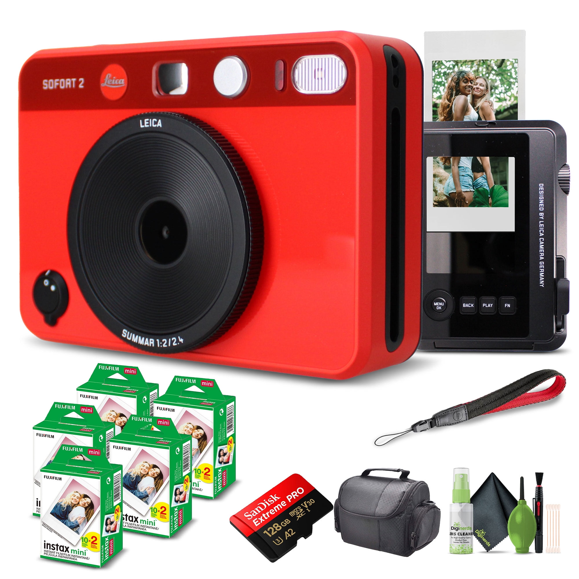 Leica Sofort 2 Hybrid Instant Photo Film and Digital Camera (Red) (19189) with LCD Display Bundle with Fujifilm Instant Film 100 Sheets + 128 GB Memory Card + Bag + Cleaning Kit