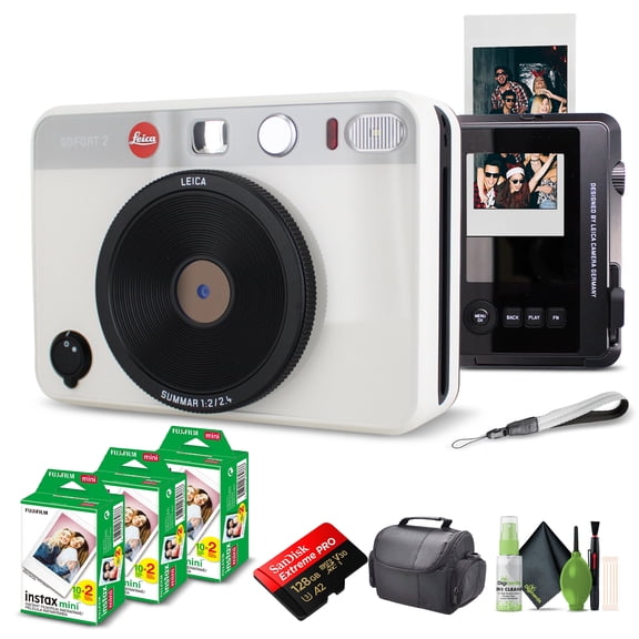 Leica Sofort 2 Hybrid Instant Photo Film and Digital Camera (White) (19188) with LCD Display Bundle with Fujifilm Instant Film 60 Sheets + 128 GB Memory Card + Bag + Cleaning Kit