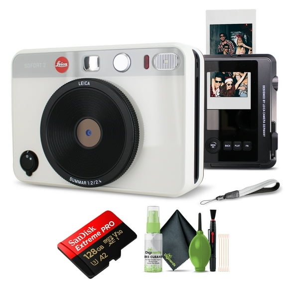 Leica Sofort 2 Hybrid Instant Photo Film and Digital Camera (White) (19188) with LCD Display Bundle with 128 GB Memory Card + Cleaning Kit