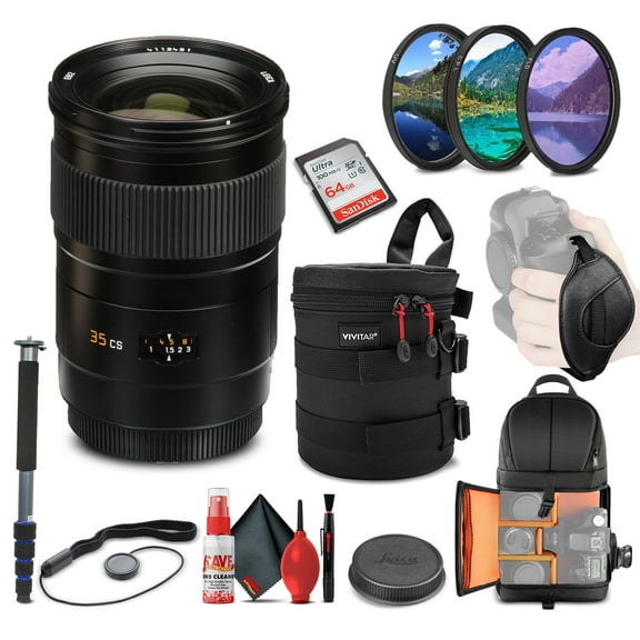 Leica Summarit-S 35mm F/2.5 ASPH Lens (11064) + 64GB Memory Card + Padded Lens Case + Filter Kit + BackPack + Full Size Monopod +  Cleaning Set + Cap Keeper + Hand Strap