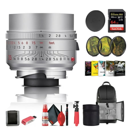 Leica Summilux-M 35mm F/1.4 ASPH. Lens (Silver) (11727) + 64GB Memory Card + Filter Kit + BackPack + Card Reader + Corel Photo Software + Flex Tripod + Memory Wallet + Cleaning Kit