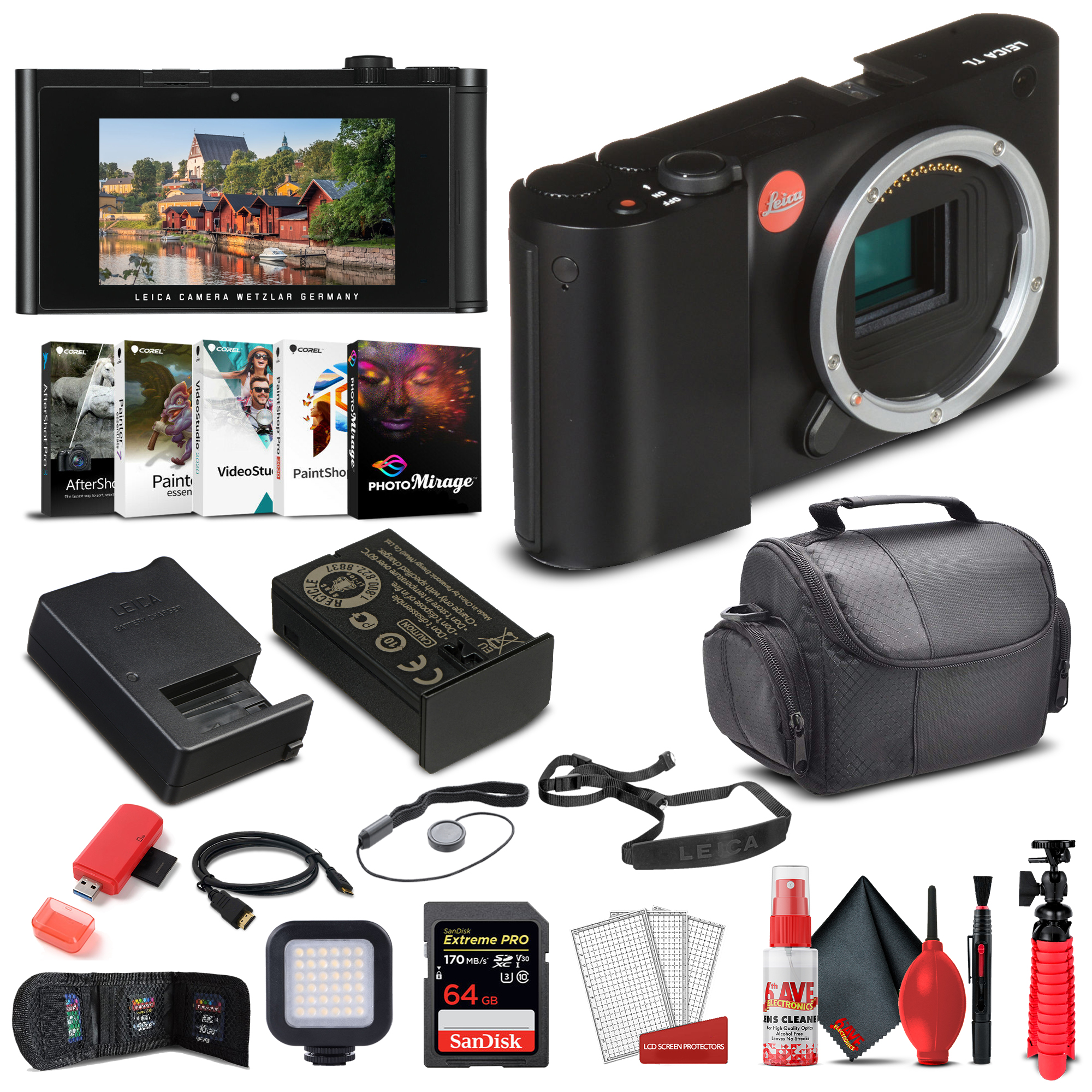Leica TL Mirrorless Digital Camera (Black) (18146) + 64GB Extreme Pro Card + Corel Photo Software + Portable LED Video Light + Card Reader + Case +  Cleaning Set + HDMI Cable and More - Deluxe Bundle - image 1 of 6
