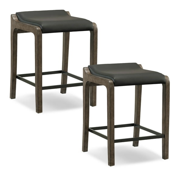 Leick Home 10116GS/BL Graystone Wood Fastback Counter Height Stool with Black Faux Leather Seat, Set of 2