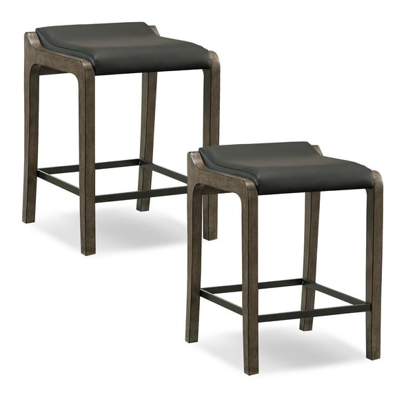 Leick Home 10116GS/BL Graystone Wood Fastback Counter Height Stool with Black Faux Leather Seat, Set of 2