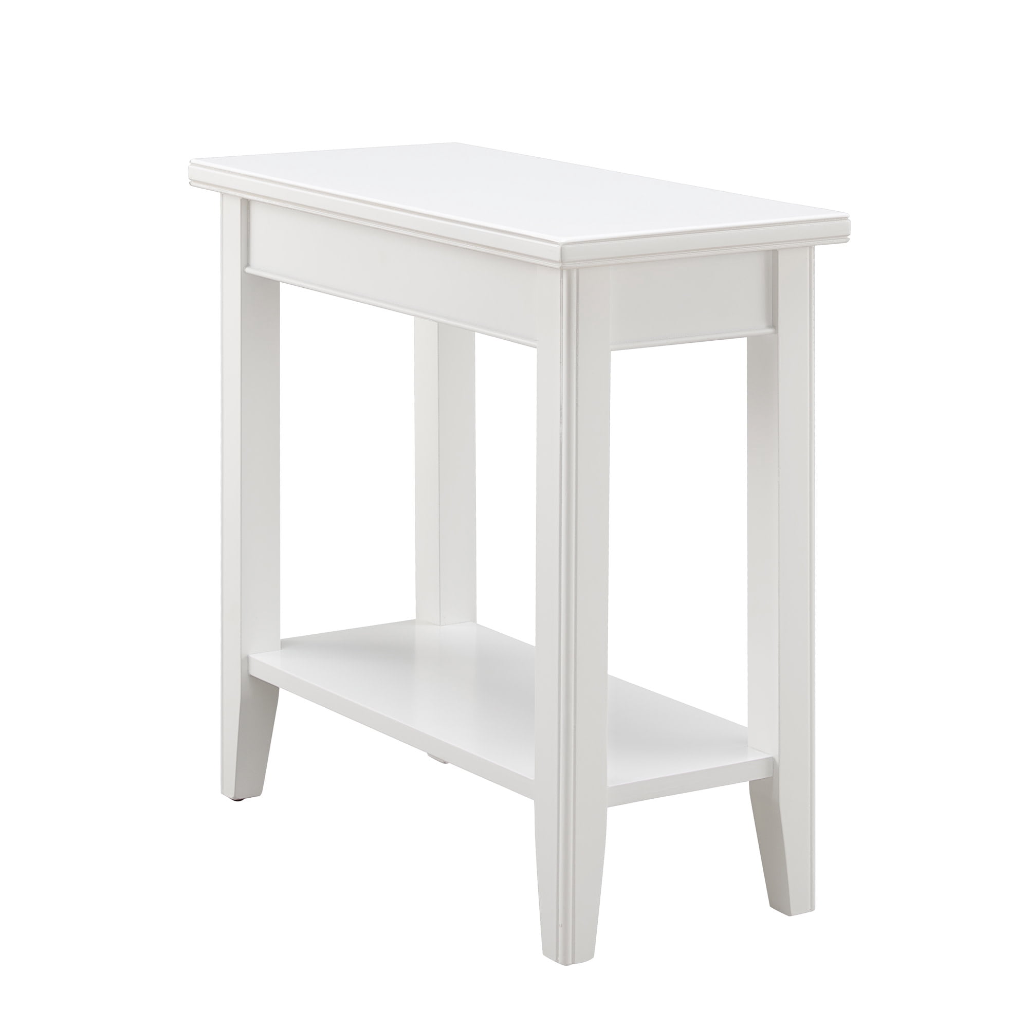 White Solid Wood Narrow End Table with Shelf, Small Space, 12 in. W