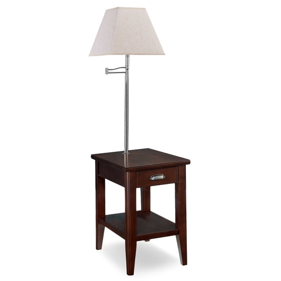Laurent Solid Wood Side Table with Built-In Swing Arm Lamp and Drawer, Chocolate Cherry Brown, Perfect for Living Rooms, Offices, and Small Spaces – Leick Home, 10537