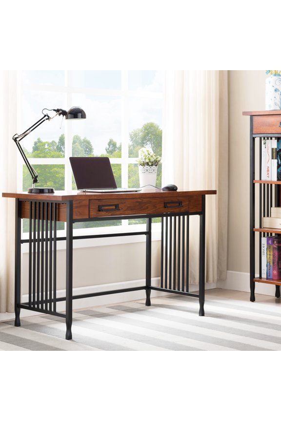 Leick Home Ironcraft Rustic Computer Desk with Drop Front Keyboard Drawer, Mission Oak/Black
