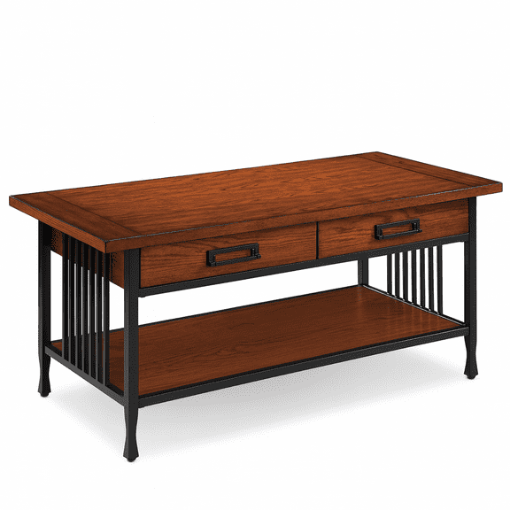 Leick Home Ironcraft Rustic Solid Wood 2-Drawer Coffee Table with Shelf, Mission Oak/Black