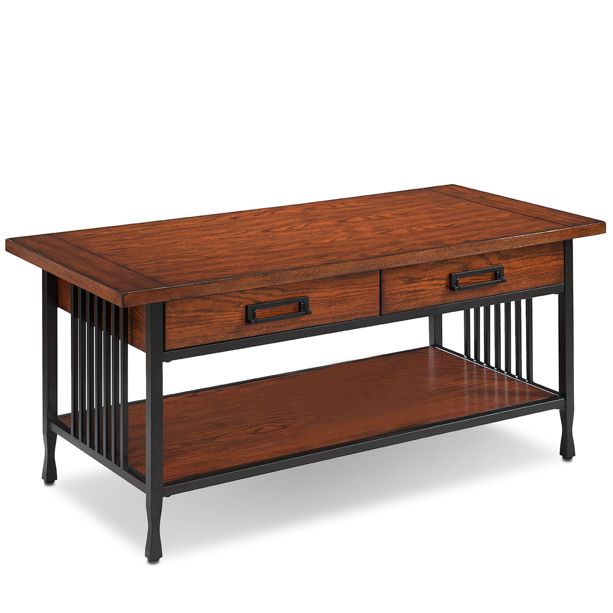 Mission Oak and Black Rectangular Wood Coffee Table with Storage