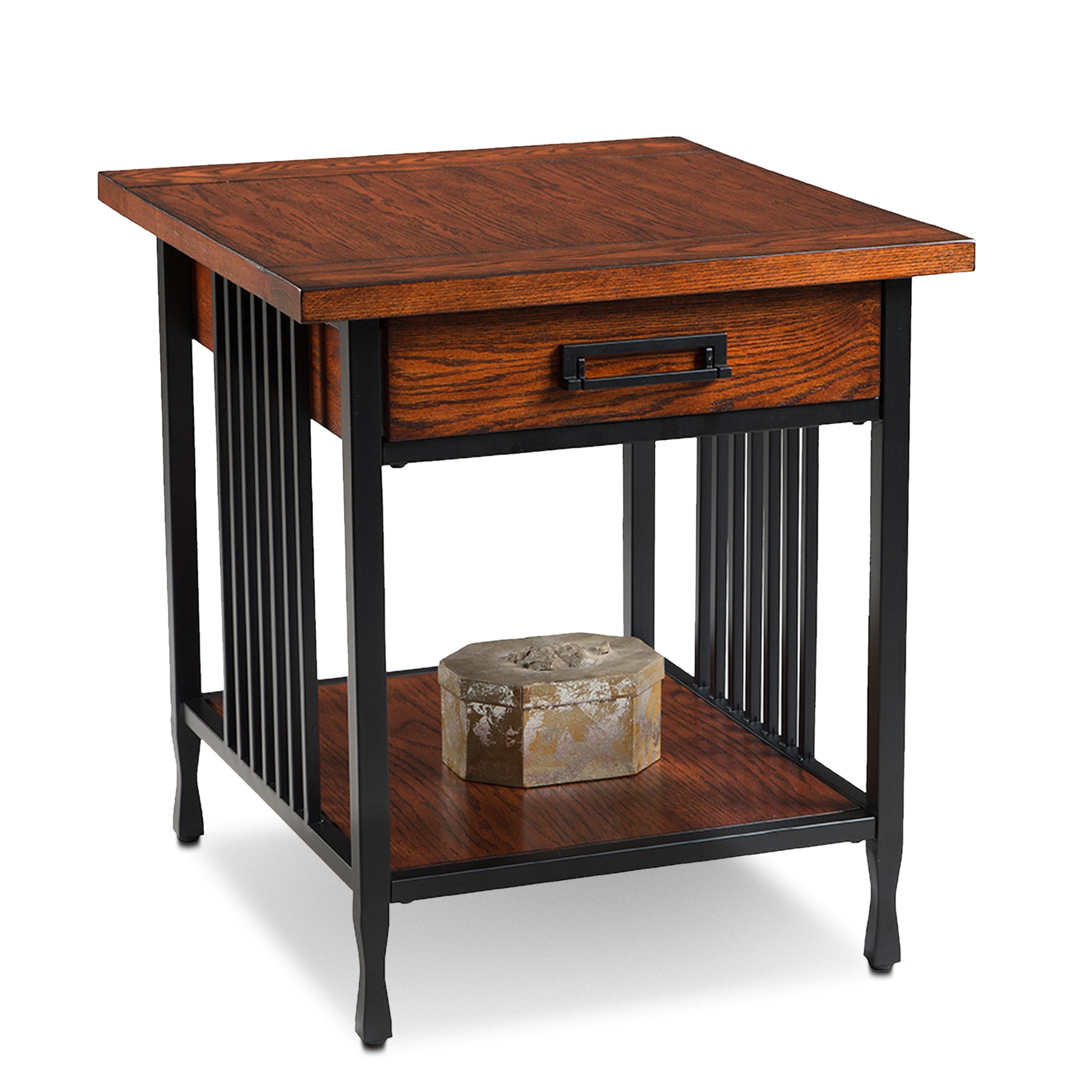 Ironcraft Mission Oak & Matte Black Wood End Table with Drawer