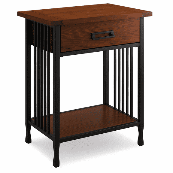Leick Home Ironcraft Solid Wood Nightstand with Drawer and Shelf, Mission Oak/Black Metal