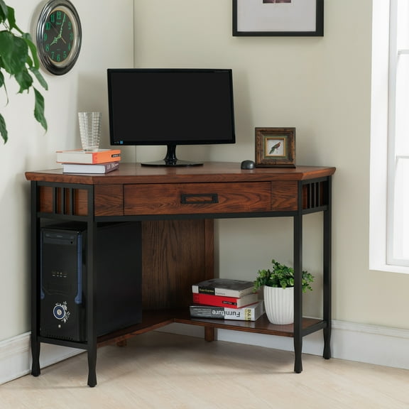 Leick Home Ironcraft Mission Oak and Black Corner Writing Desk with Storage