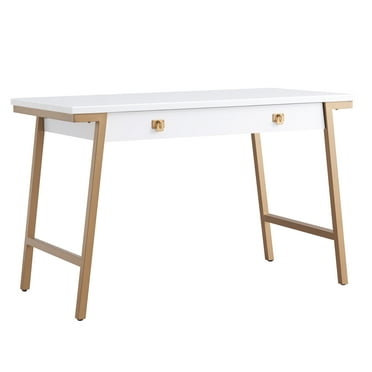 Leick Home 11400-WT Empiria Mixed Metal and Wood Computer Desk with Drop Front Keyboard Drawer, White/Gold
