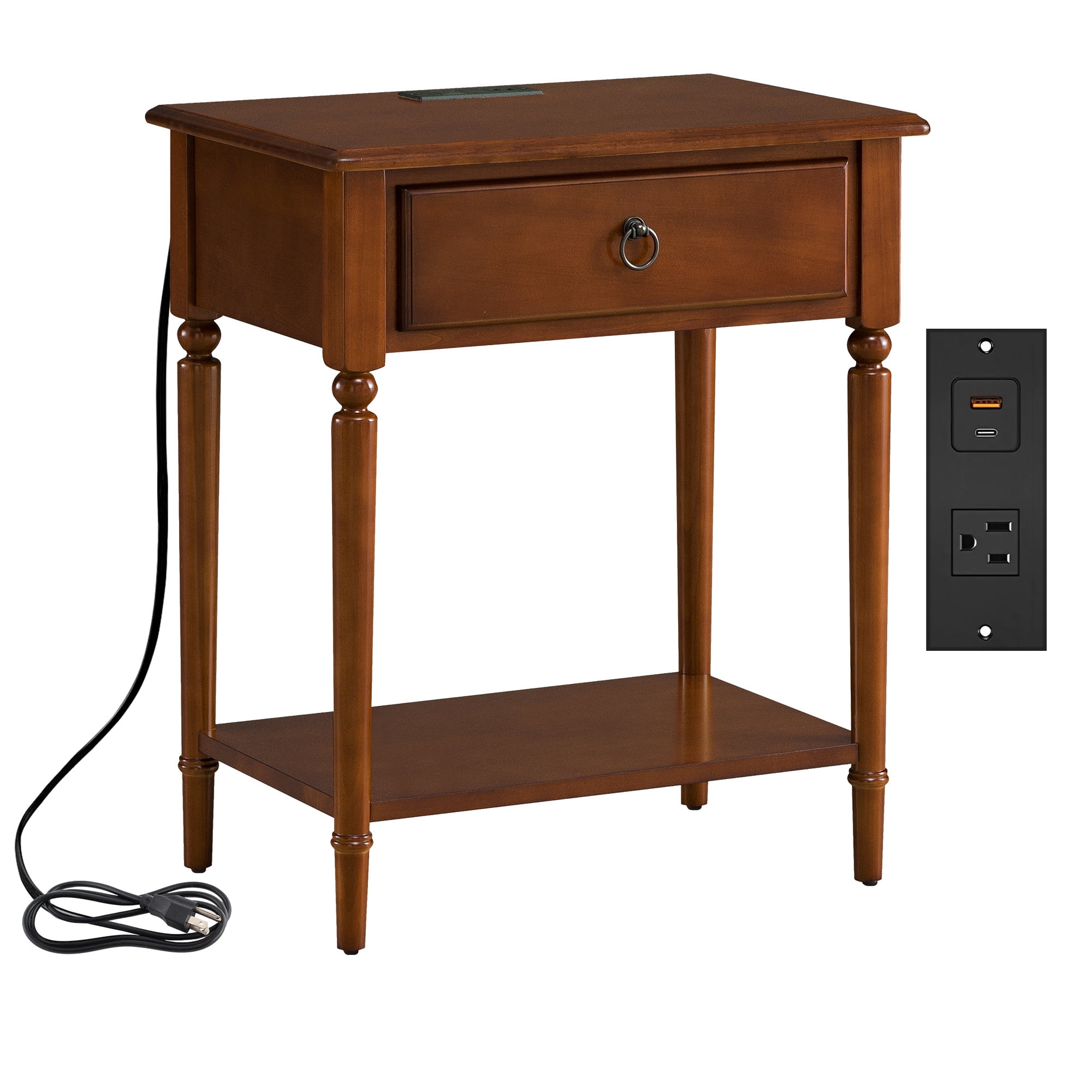 Pecan Brown Solid Wood Coastal Side Table with USB-C Fast Charging Station