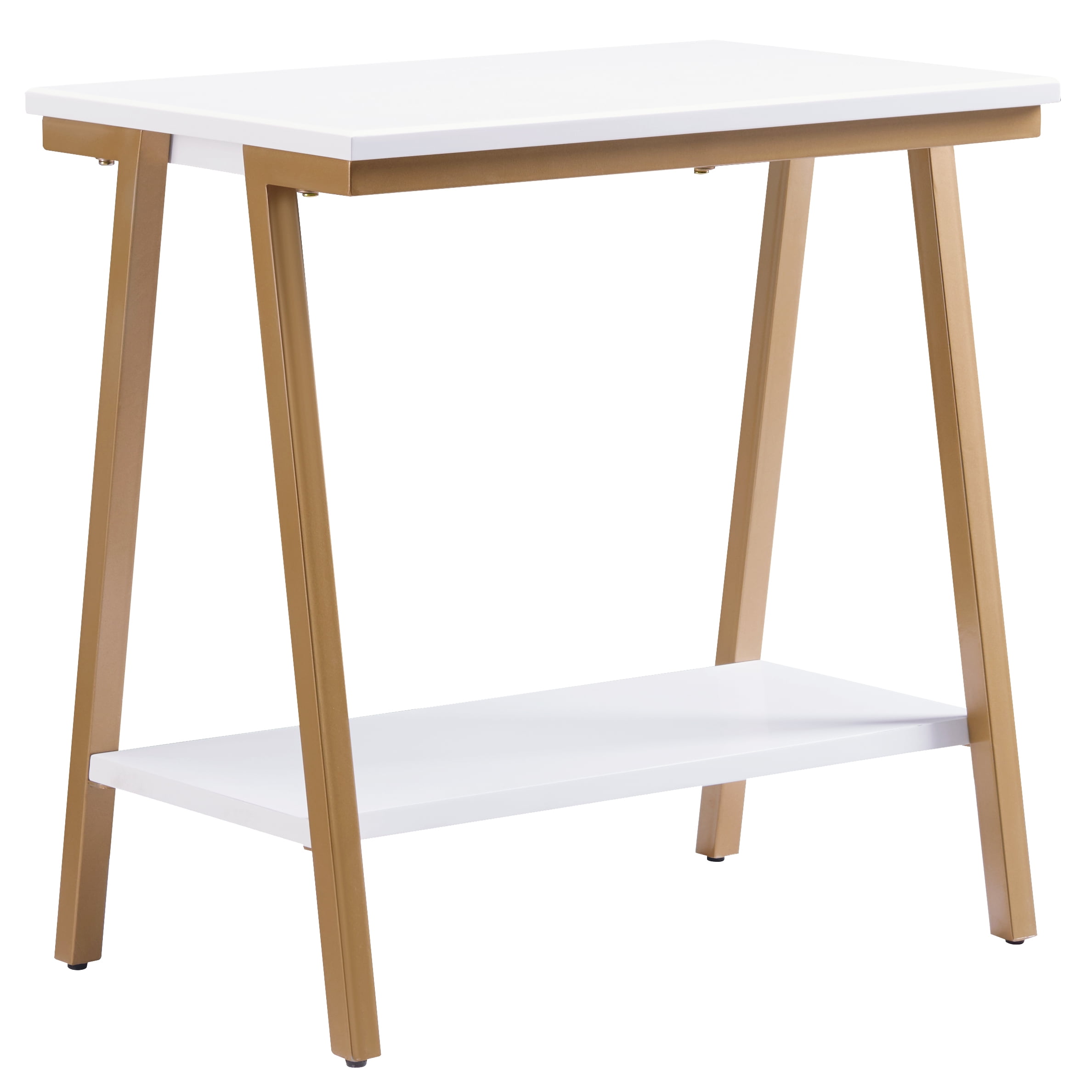 Leick Furniture Empiria Wood and Metal Narrow End Table with Shelf, White/Gold
