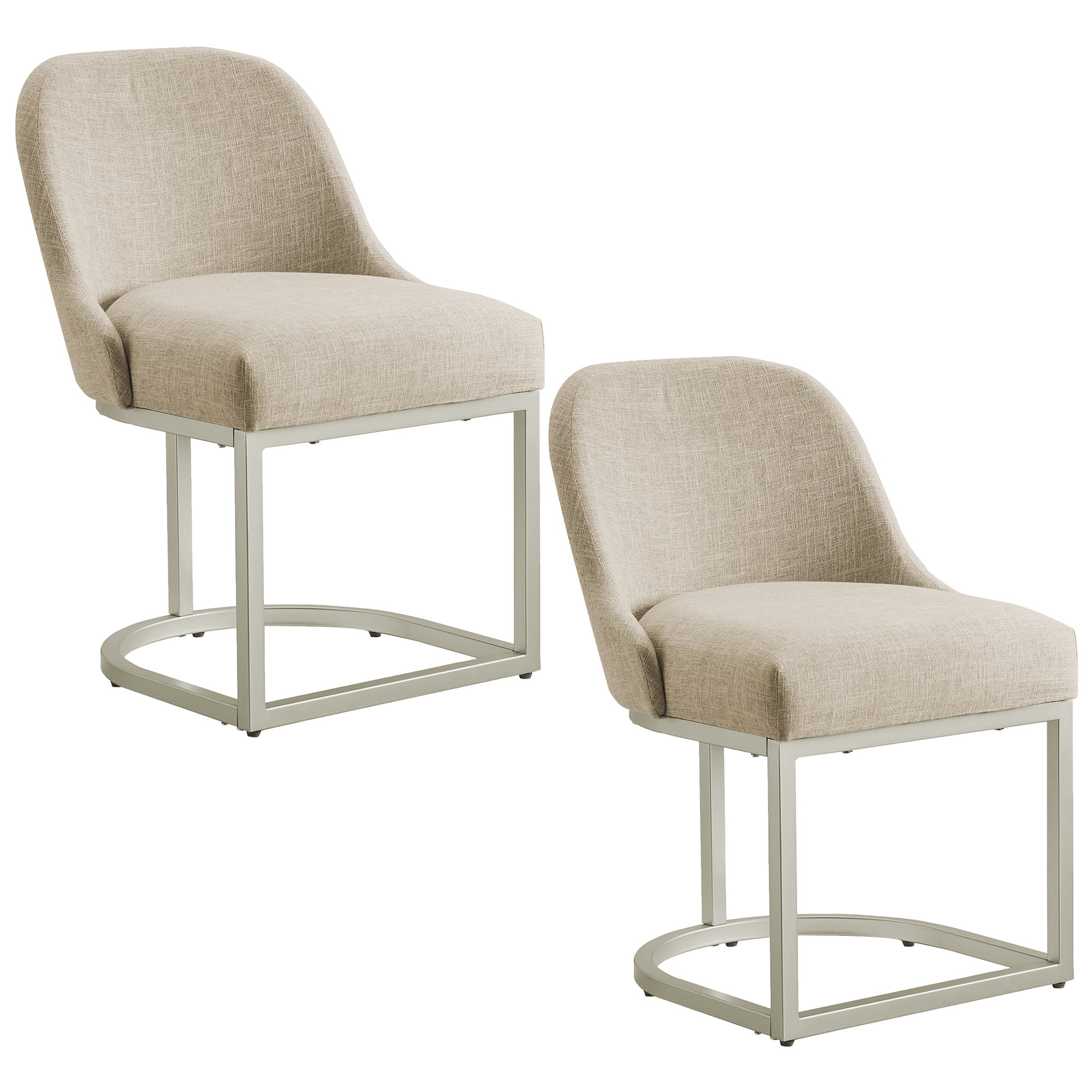 Upholstered Barrelback Dining Chair with Pewter Metal Base, Modern Oatmeal Linen, Set of 2