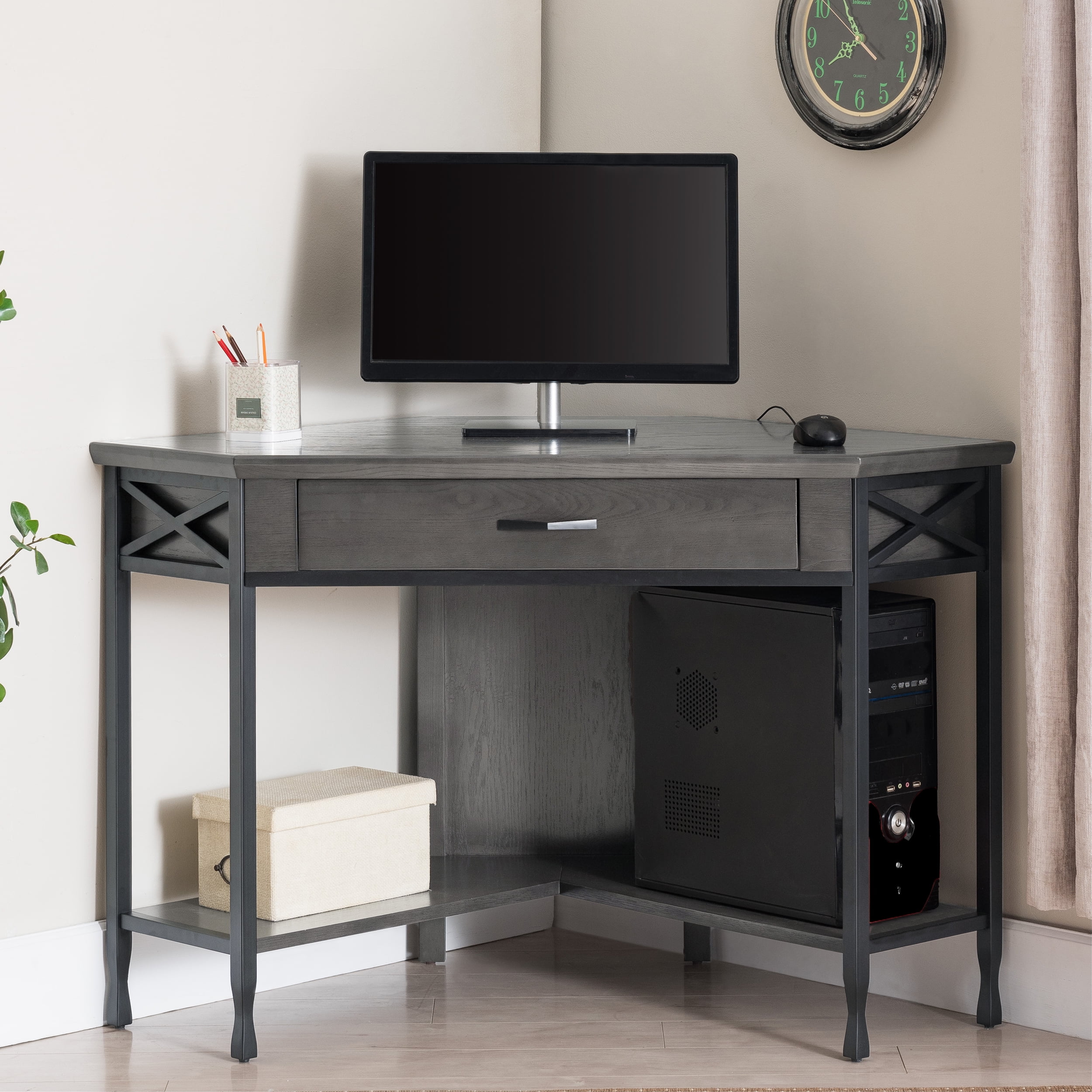 Chisel & Forge Smoke Grey Matte Black Corner Desk with Drawer