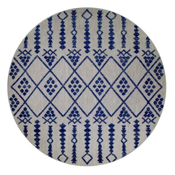 Leick Home Cusp Round Gray with Blue Indoor/Outdoor Area Rugs, 5'3"