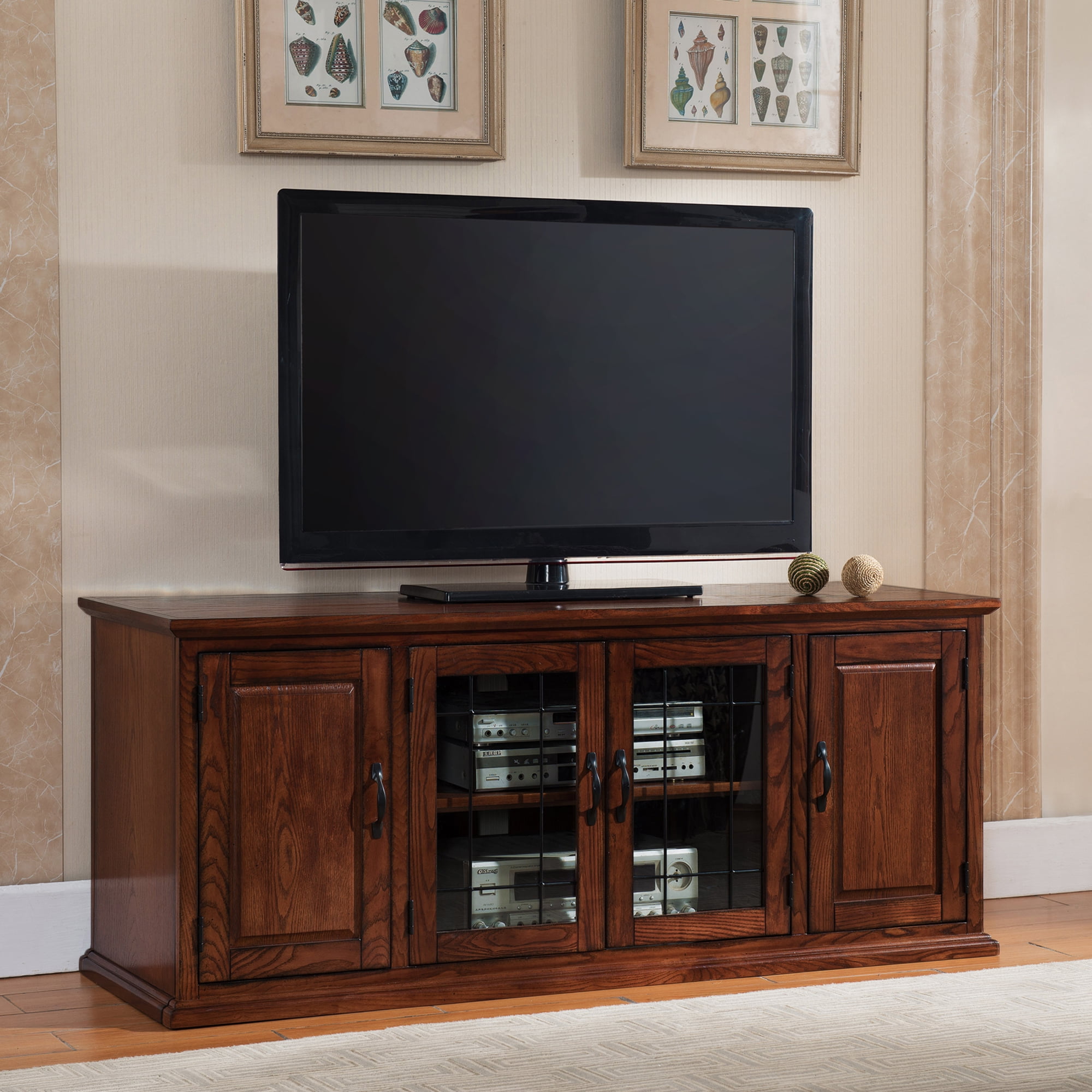 Burnished Oak 60" TV Stand with Leaded Glass Cabinet