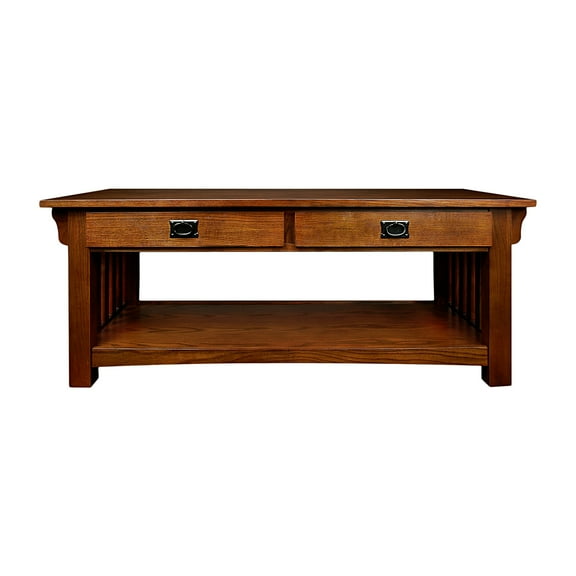 Leick Home Mission Solid Wood Coffee Table with Drawers and Shelf, Medium Oak Finish