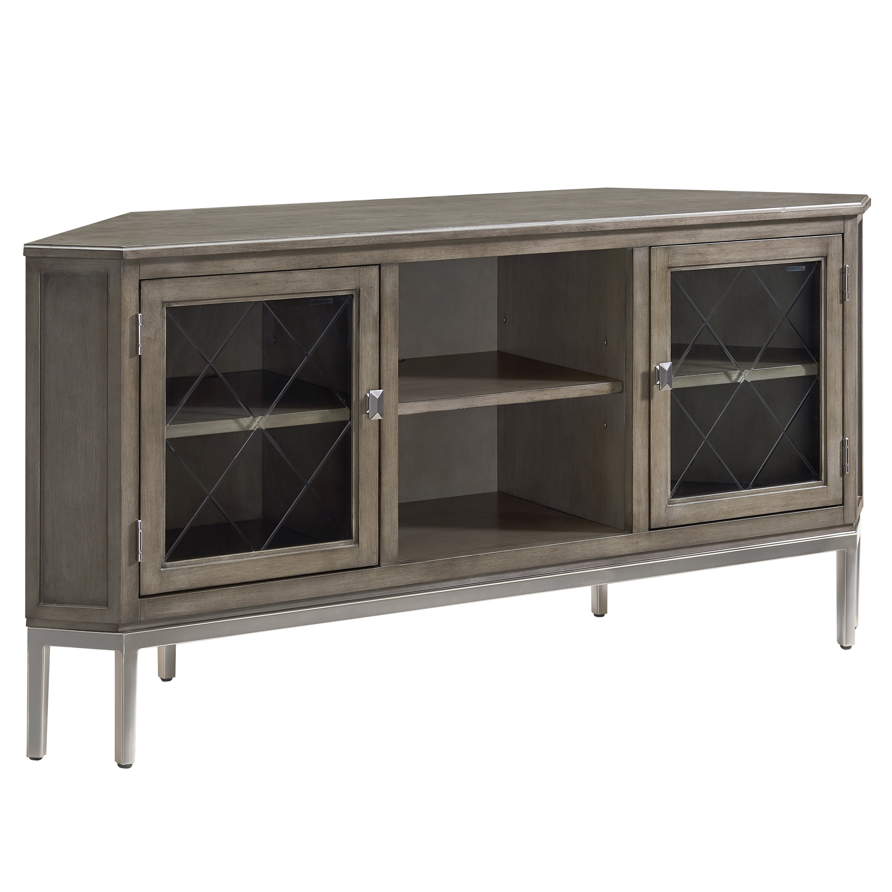Gray Wood and Pewter Corner TV Stand with Glass Doors