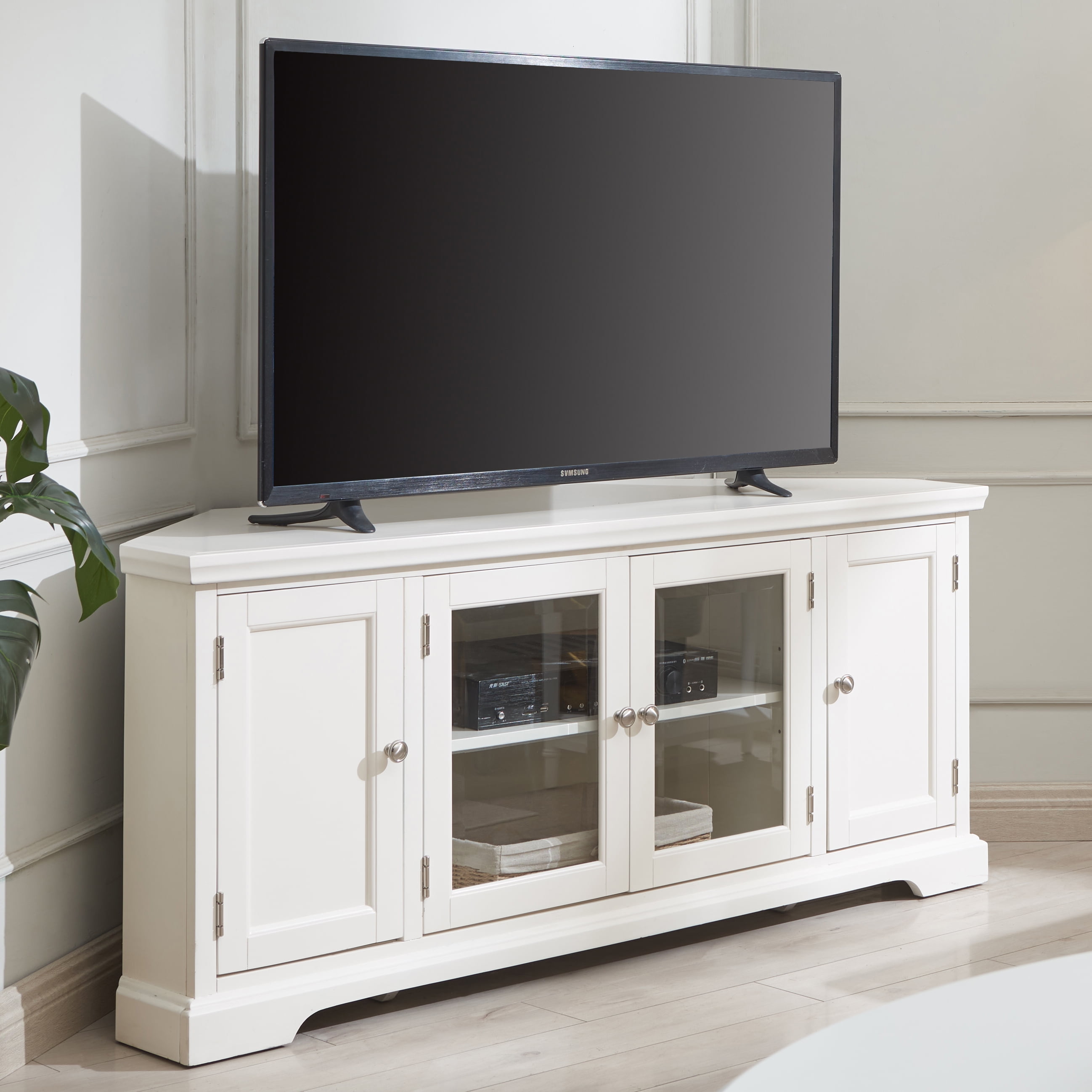 Riley Holliday Modern White Composite Wood Corner TV Stand with Cabinet