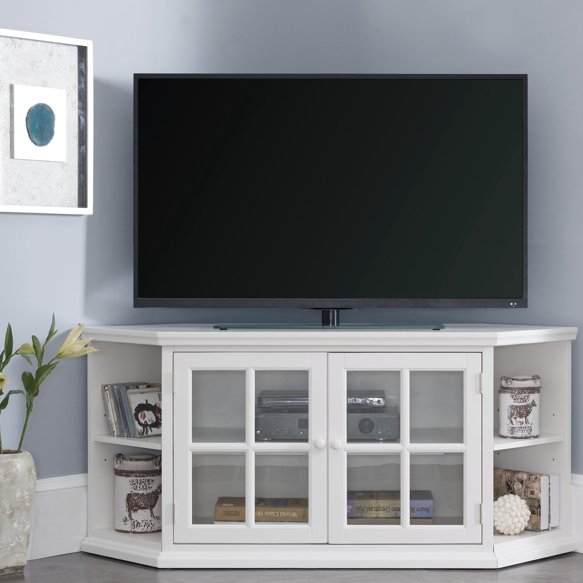 Cottage White 56" Corner TV Stand with Glass Doors