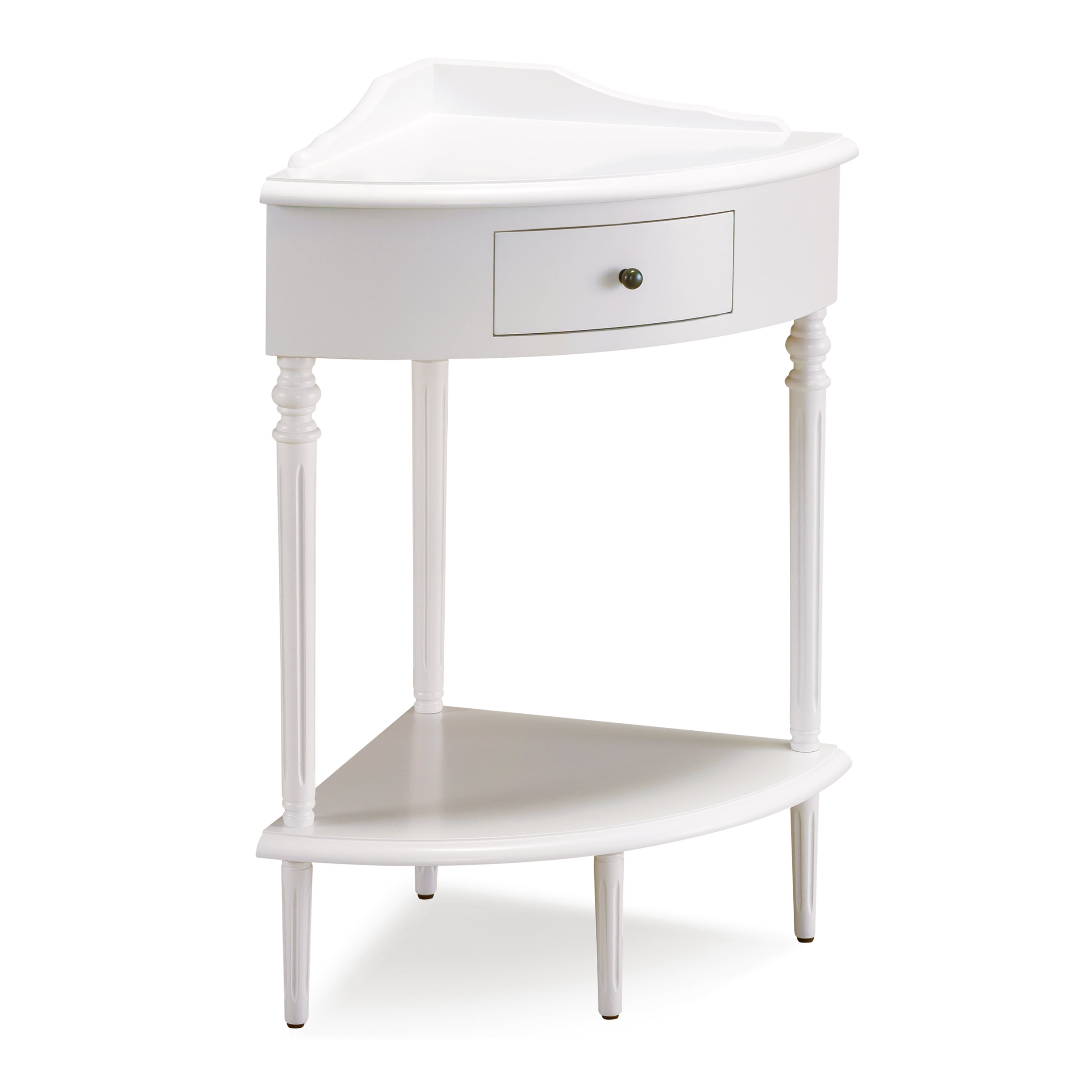White Triangular Solid Wood Corner Table with Storage Drawer
