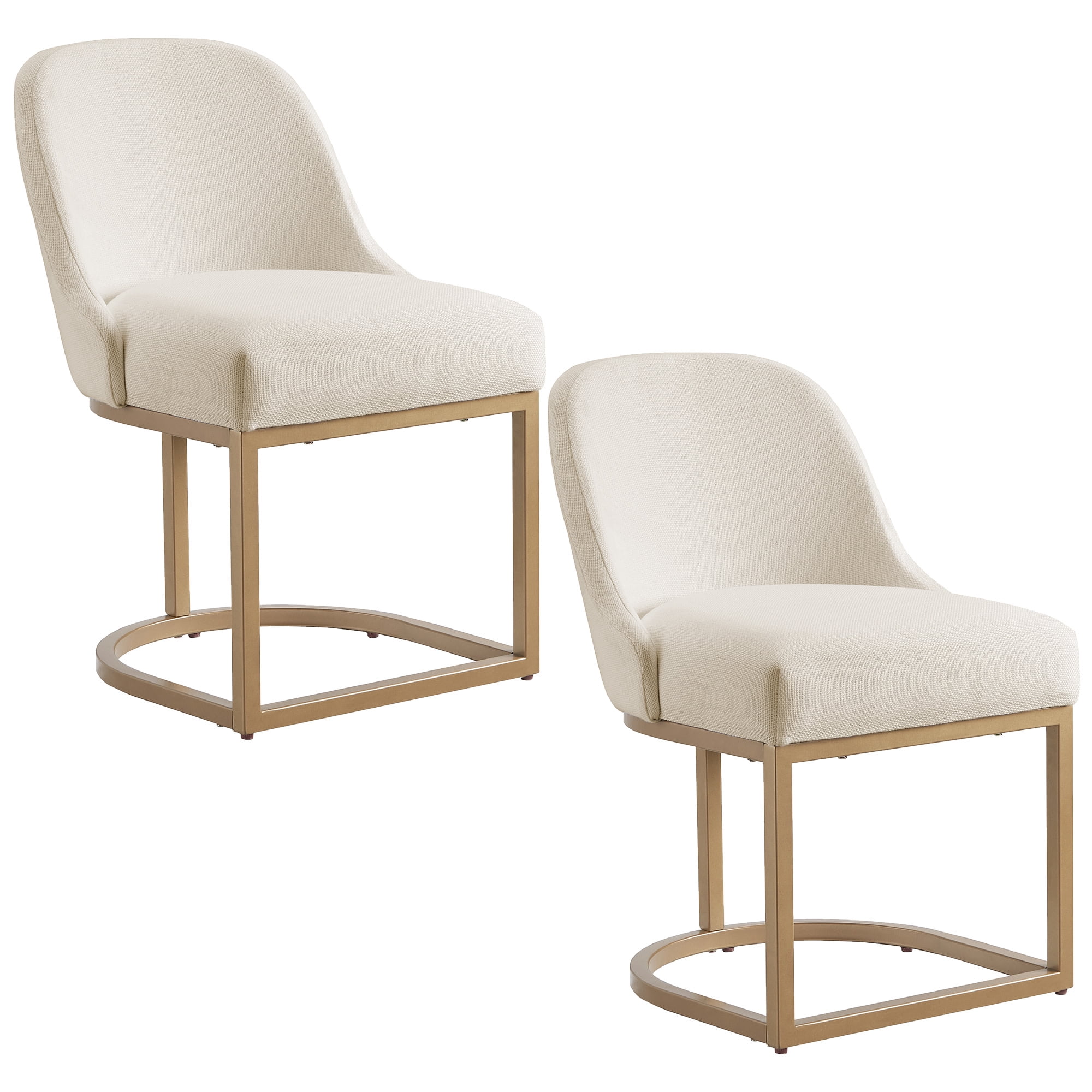 Upholstered Barrelback Dining Chair with Gold Metal Base, Modern White Linen, Set of 2