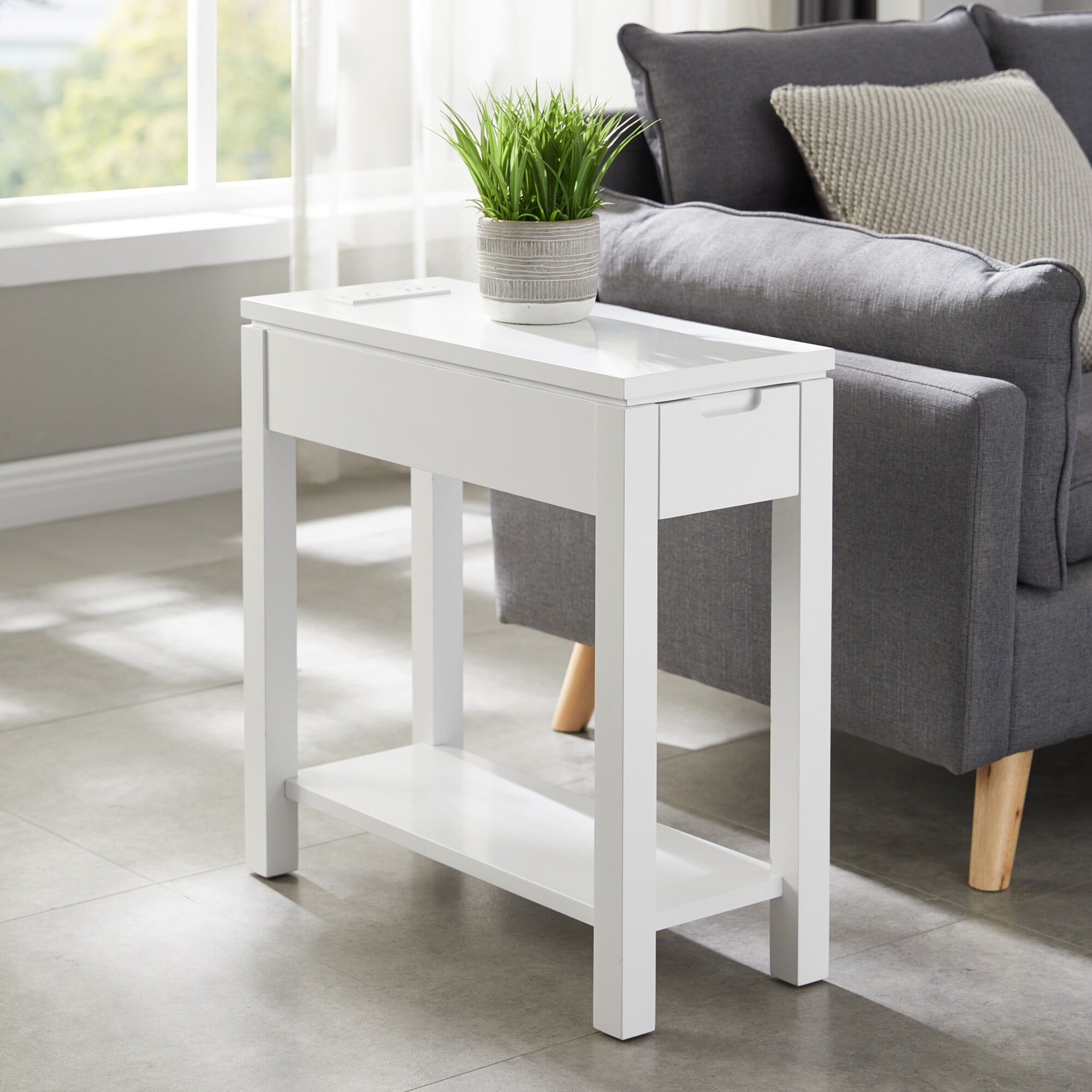 Cade White Wood Rectangular Side Table with Storage
