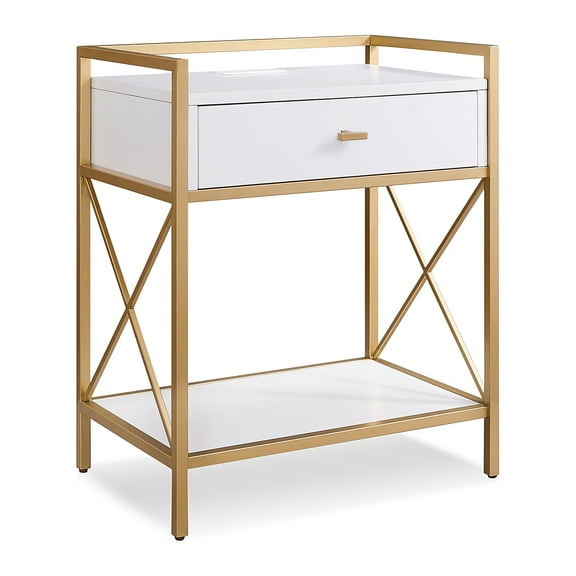 Leick Home Claudette 24" Solid Wood and Metal Nightstand with USB-C Charging Station, White/Gold