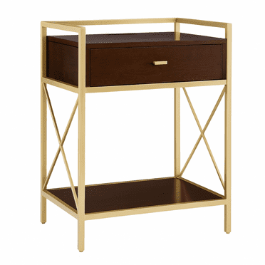 Leick Home Claudette Modern Solid Wood and Metal Nightstand with USB-C Charging Station, Walnut/Gold