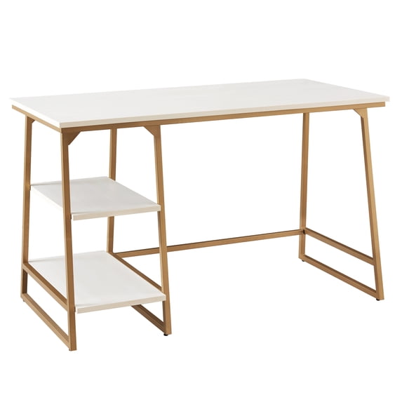 Leick Home Reversible Stepped Tier Shelf Rectangular Desk in White Herringbone/Satin Gold Finish