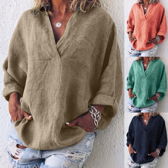 Leidass Boho Womens Long Sleeve Cotton Linen Kaftan Ladies Baggy Blouse Tee Shirt Tops Khaki 2XL