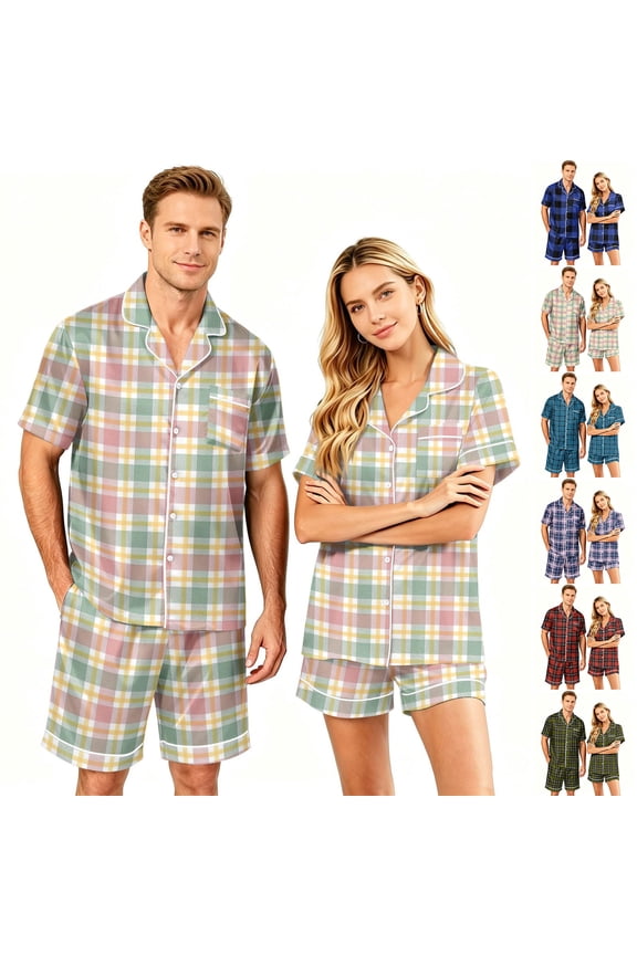 Couples Plaid Pajama Set Short Sleeve Button Down Sleepwear Lounge Set with Shorts Matching His and Hers Nightwear Orange M