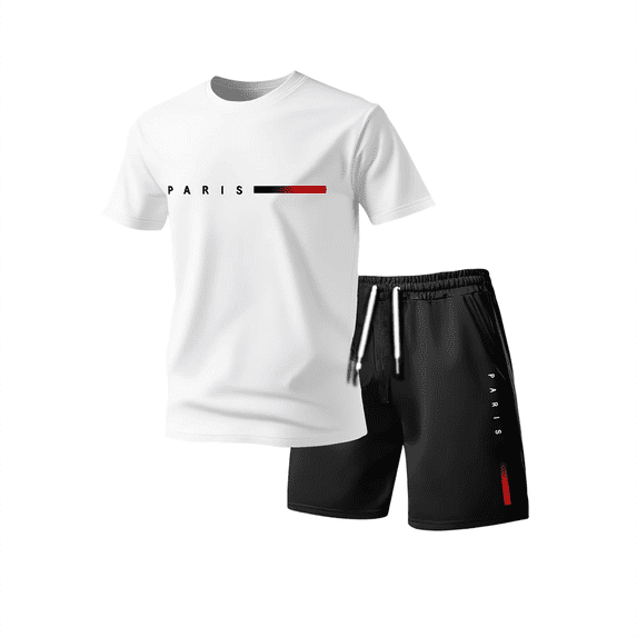 Leidass Men's 2 Piece Paris Print Short Sleeve T-Shirt and Shorts Set, Casual Summer Loungewear Tracksuit for Home Workout White 3XL