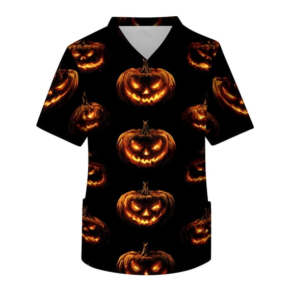 Leidass Men's Short Sleeve V Neck Scrub Top with Halloween Themed Print and Front Chest Pocket for Healthcare Professionals Earthy Yellow XL