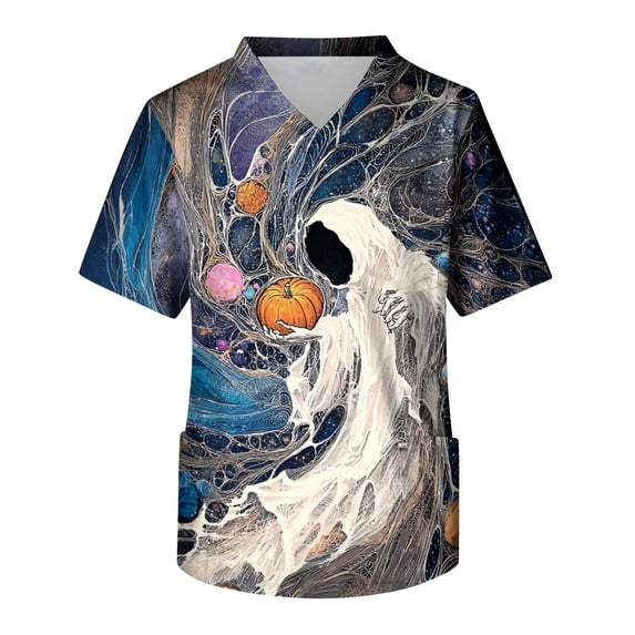 Leidass Men's V Neck Short Sleeve Halloween Print Chest Pocket Scrub Top Comfortable Patchwork Style Work Shirt Blue L