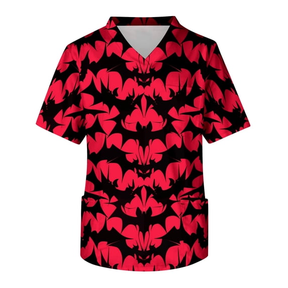 Leidass Men's V Neck Short Sleeve Halloween Print Chest Pocket Scrub Top Comfortable Patchwork Style Work Shirt Deep Red S