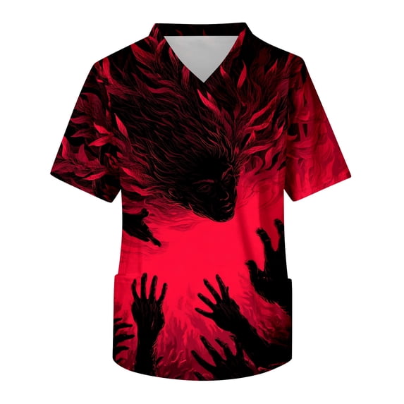 Leidass Men's V Neck Short Sleeve Halloween Print Chest Pocket Scrub Top Comfortable Patchwork Style Work Shirt Red 5XL