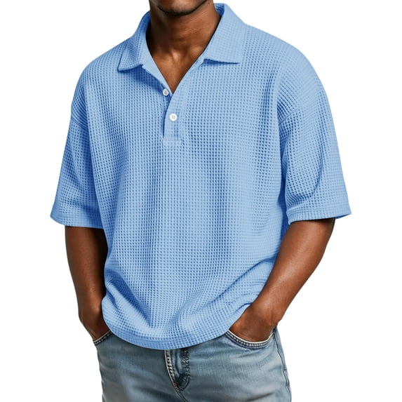 Leidass Men’s Waffle Knit Short Sleeve Polo Shirt with Button Placket and Relaxed Fit for Casual Everyday Wear Light Blue 3XL
