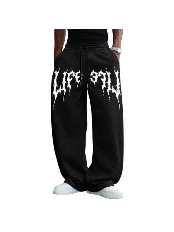 Mens Baggy Sweatpants Y2k Wide Leg Drawstring Waist Emo Goth Pants | , Vintage, Gothic Graphic, Streetwear, Y2K Sweatpants Black L