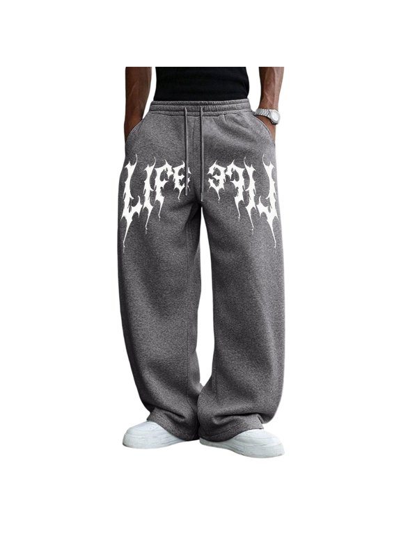 Mens Baggy Sweatpants Y2k Wide Leg Drawstring Waist Emo Goth Pants | , Vintage, Gothic Graphic, Streetwear, Y2K Sweatpants Gray M