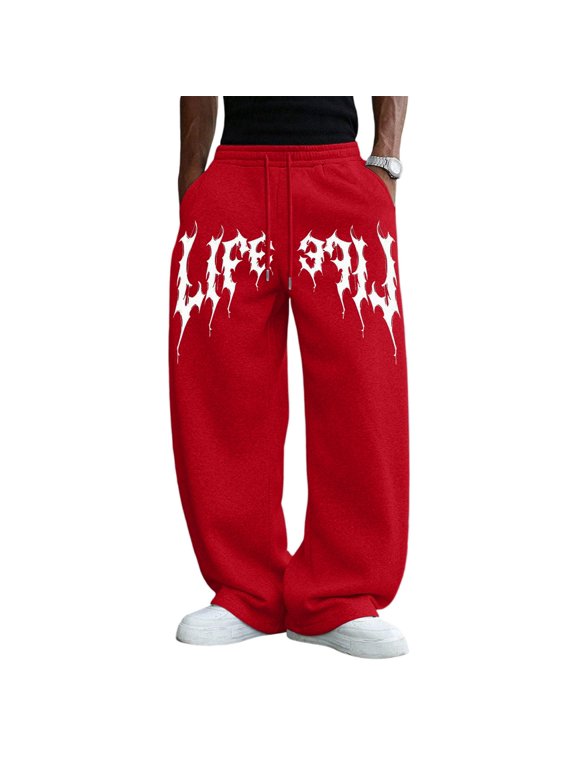 Mens Baggy Sweatpants Y2k Wide Leg Drawstring Waist Emo Goth Pants | , Vintage, Gothic Graphic, Streetwear, Y2K Sweatpants Red M