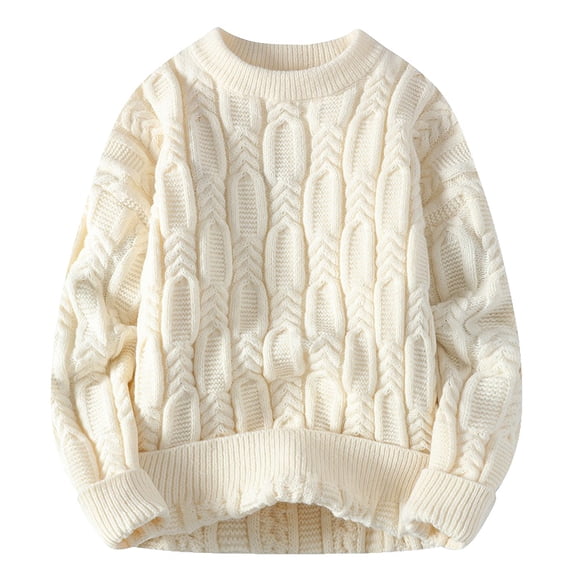 Leidass Mens Cable Knit Crewneck Sweater Long Sleeve Pullover Ribbed Cuffs Hem Regular Fit Fall Winter Casual Knitwear White 3XL
