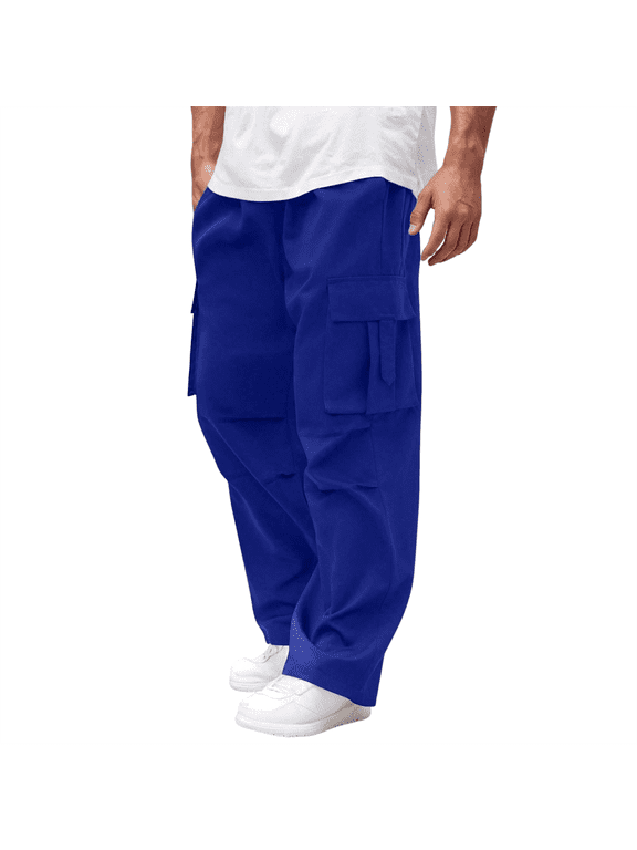 Mens Casual Cargo Pants Drawstring Elastic Waist Sweatpants for Men | Loose Fit Lightweight Tactical Pants with 4 Pockets Blue L