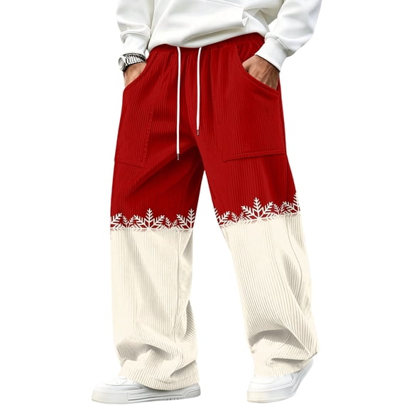 Leidass Mens Christmas Printed Corduroy Pants Elastic Drawstring Waist Loose Straight Leg Full Length Holiday Casual Trousers with Side Pockets Beige 4XL