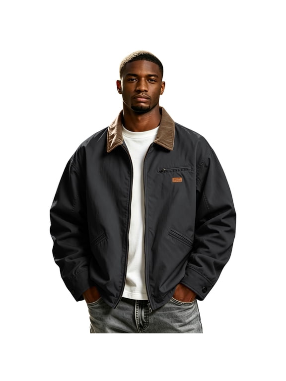 Mens Contrast Lapel Workwear Jacket Corduroy Collar Full Zip Long Sleeve Multi Pockets Outdoor Outerwear Black L